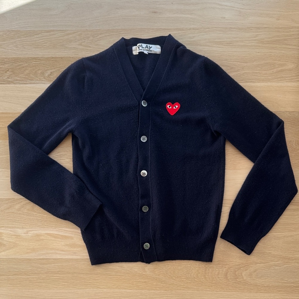 Comme des Garçons PLAY Navy Wool Cardigan with Red Heart Patch